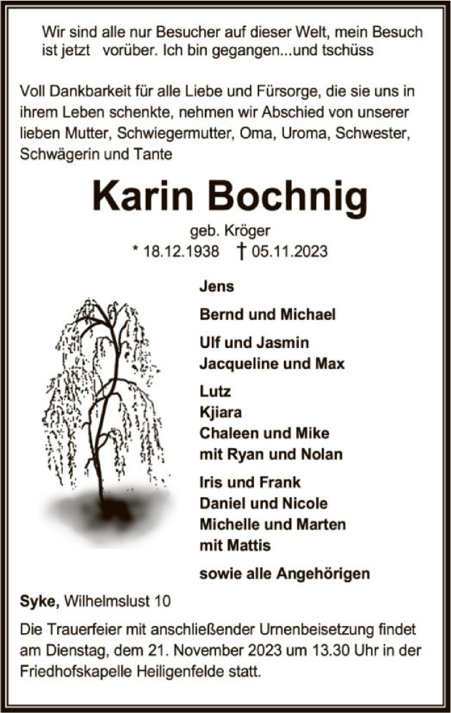  Traueranzeige für Karin Bochnig vom 11.11.2023 aus SYK