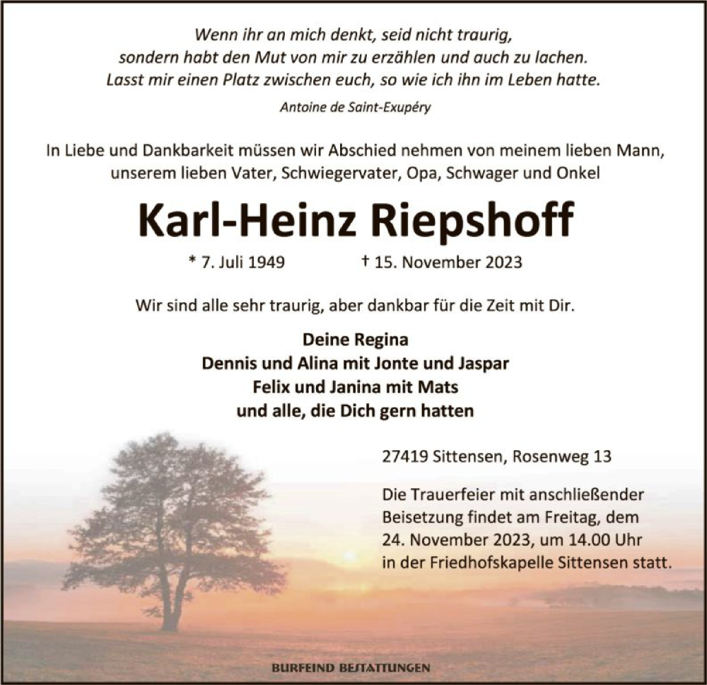  Traueranzeige für Karl-Heinz Riepshoff vom 18.11.2023 aus SYK