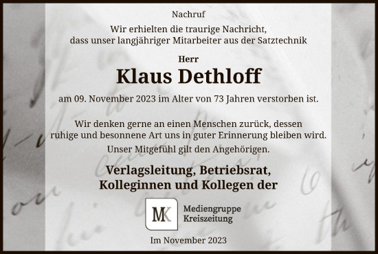 Traueranzeige von Klaus Dethloff von SYK