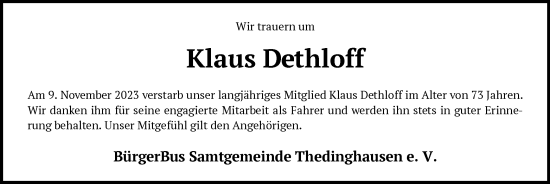 Traueranzeige von Klaus Dethloff von SYK