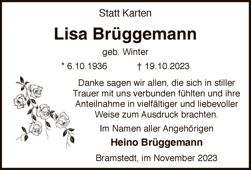  Traueranzeige für Lisa Brüggemann vom 25.11.2023 aus SYK
