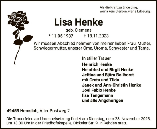 Traueranzeige von Lisa Henke von SYK