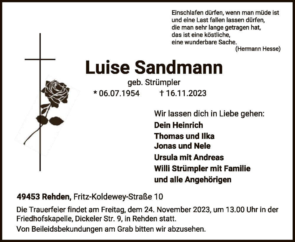  Traueranzeige für Luise Sandmann vom 21.11.2023 aus SYK