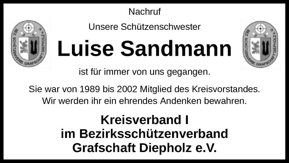  Traueranzeige für Luise Sandmann vom 24.11.2023 aus SYK