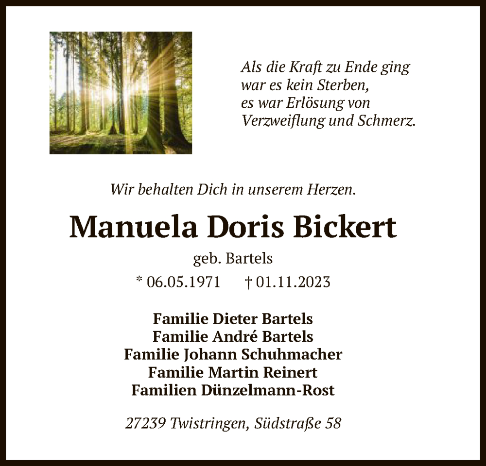 Traueranzeigen von Manuela Doris Bickert | trauer.kreiszeitung.de