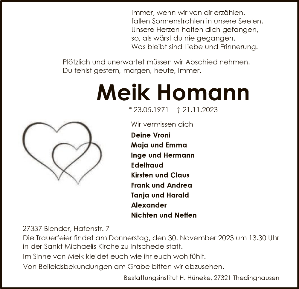  Traueranzeige für Meik Homann vom 25.11.2023 aus SYK
