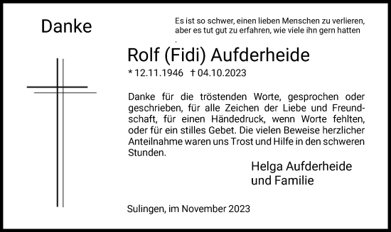 Traueranzeige von Rolf Aufderheide von SYK