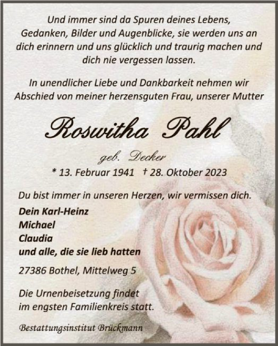 Traueranzeige von Roswitha Pahl von SYK