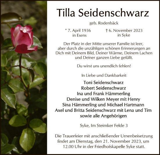 Traueranzeige von Tilla Seidenschwarz von SYK