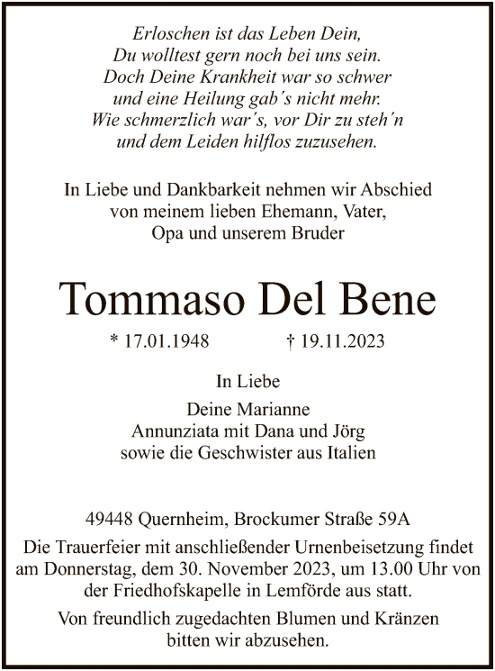 Traueranzeige von Tommaso Del Bene von SYK