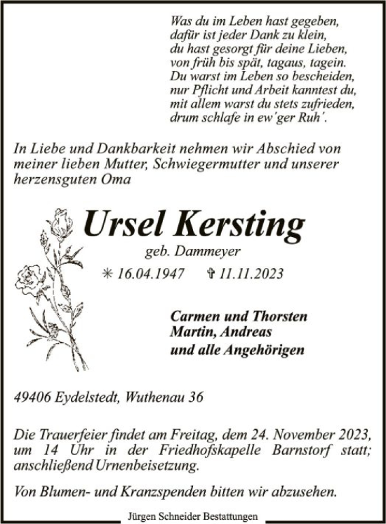 Traueranzeige von Ursel Kersting von SYK