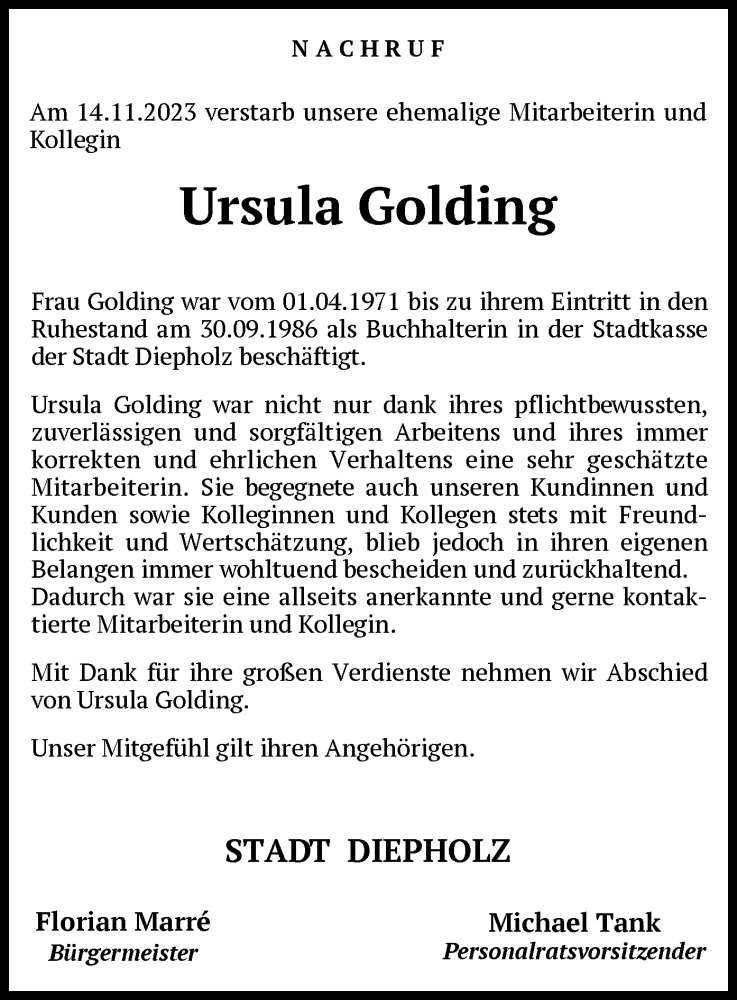  Traueranzeige für Ursula Golding vom 18.11.2023 aus SYK