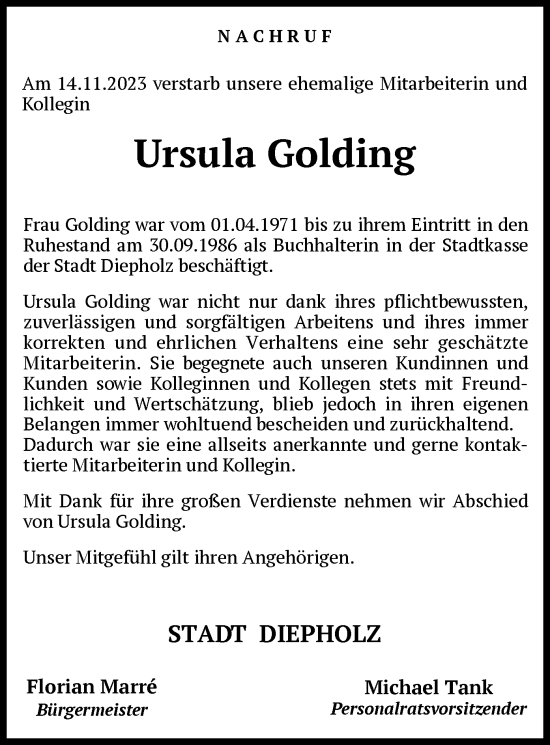 Traueranzeige von Ursula Golding von SYK