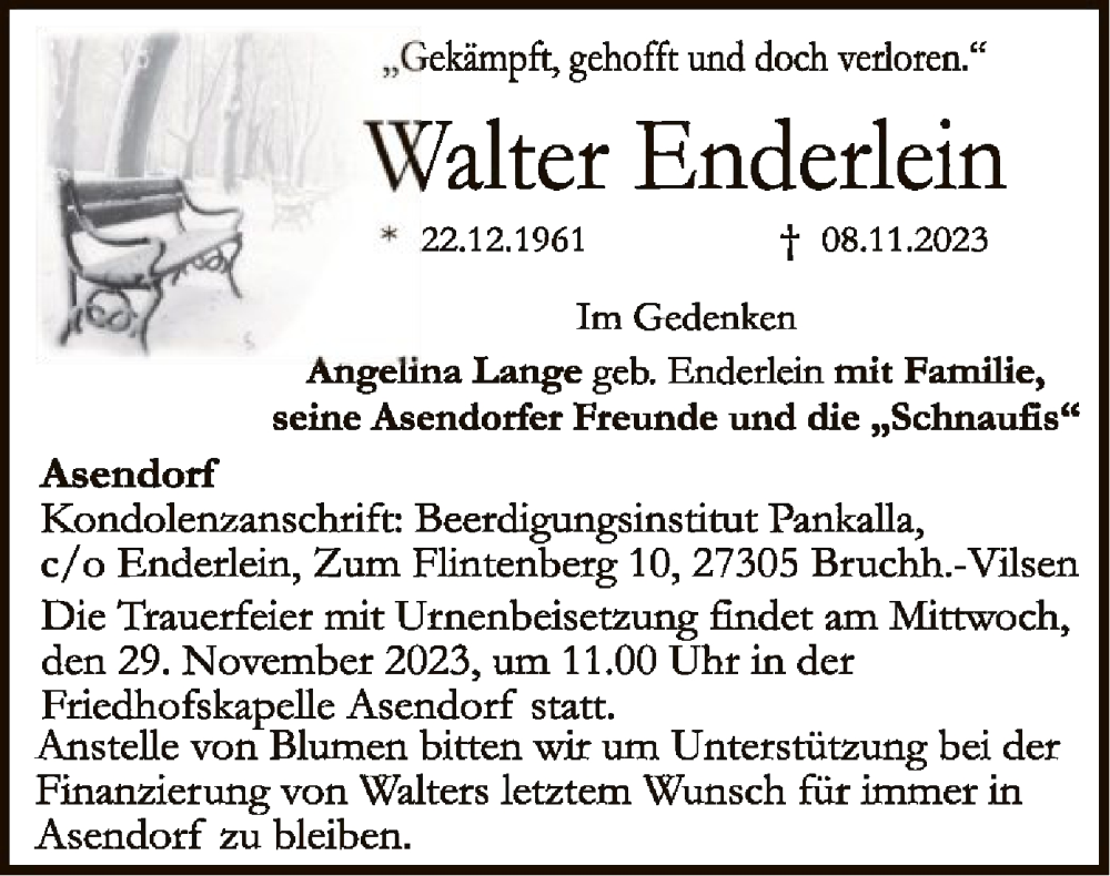  Traueranzeige für Walter Enderlein vom 18.11.2023 aus SYK