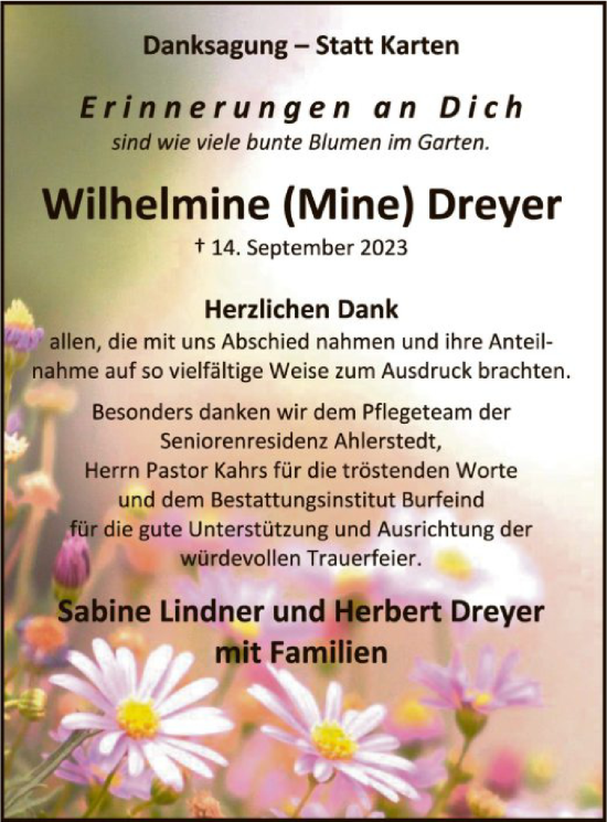 Traueranzeige von Wilhelmine  Dreyer von SYK