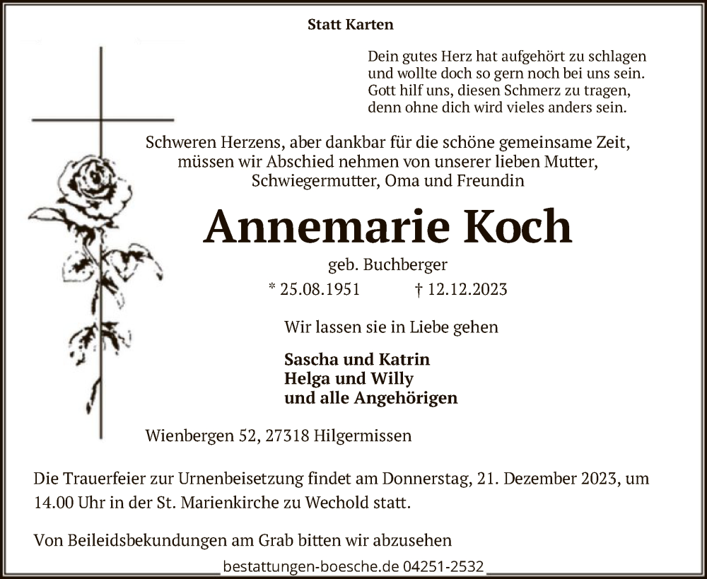  Traueranzeige für Annemarie Koch vom 16.12.2023 aus SYK