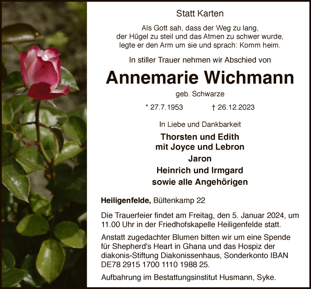  Traueranzeige für Annemarie Wichmann vom 30.12.2023 aus SYKSYK
