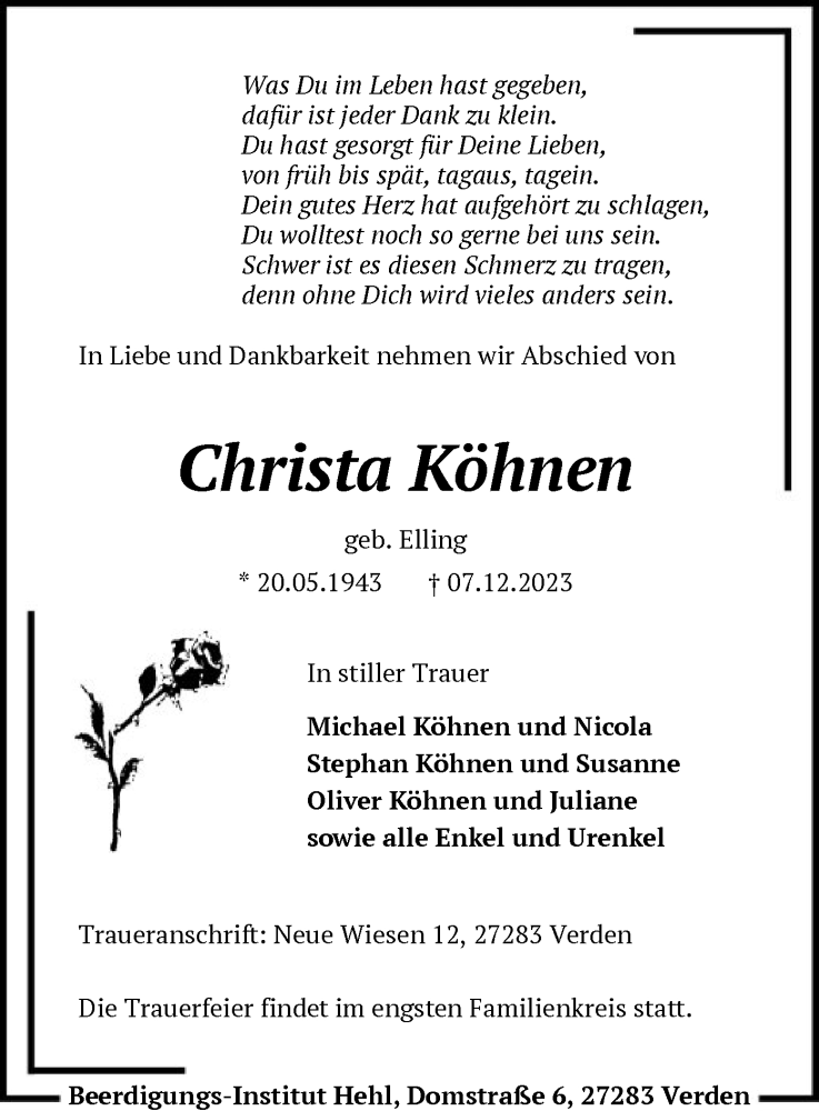  Traueranzeige für Christa Köhnen vom 09.12.2023 aus SYK