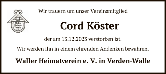 Traueranzeige von Cord Köster von SYK