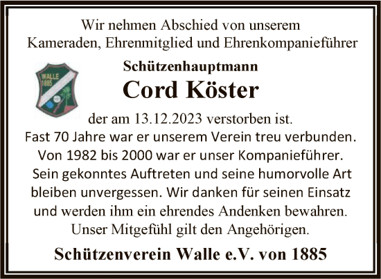 Traueranzeige von Cord Köster von SYK