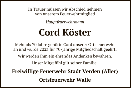 Traueranzeige von Cord Köster von SYK