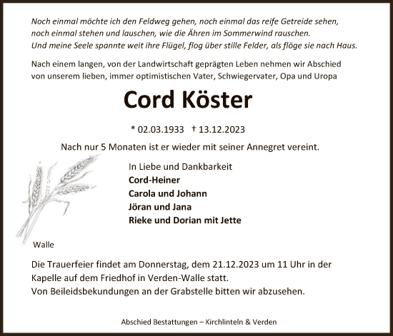 Traueranzeige von Cord Köster von SYK