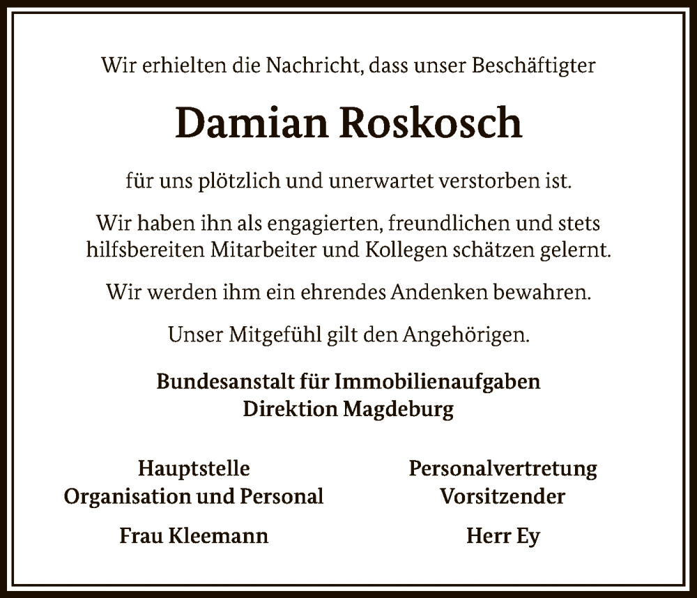  Traueranzeige für Damian Roskosch vom 09.12.2023 aus SYK