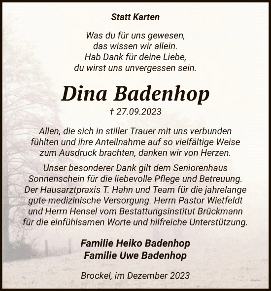 Traueranzeige von Dina Badenhop von SYK