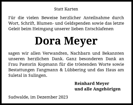 Traueranzeige von Dora Meyer von SYK