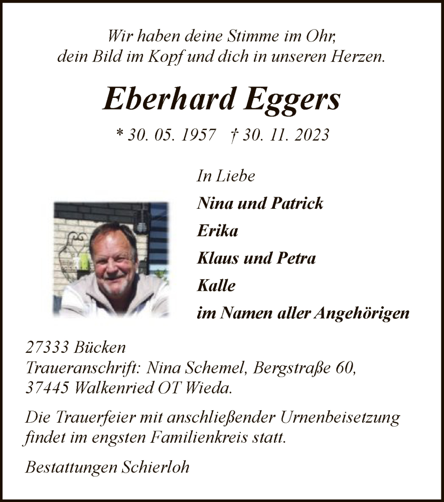  Traueranzeige für Eberhard Eggers vom 09.12.2023 aus SYK