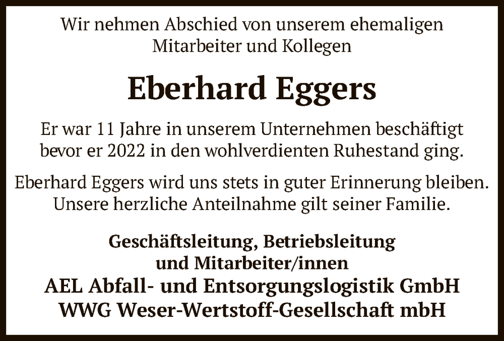  Traueranzeige für Eberhard Eggers vom 12.12.2023 aus SYK