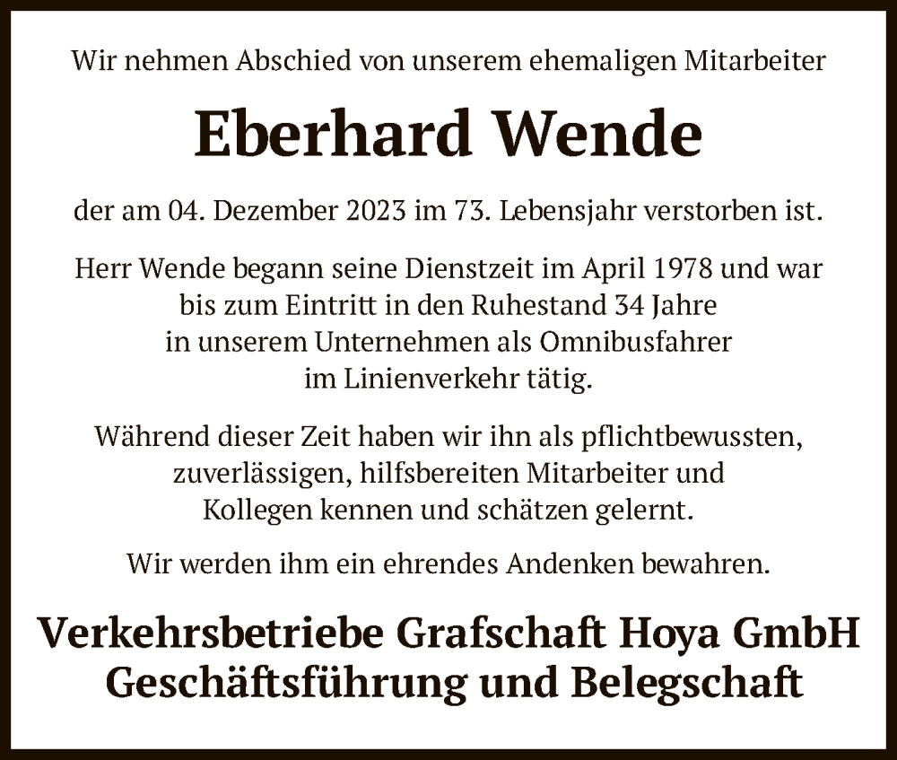  Traueranzeige für Eberhard Wende vom 13.12.2023 aus SYK