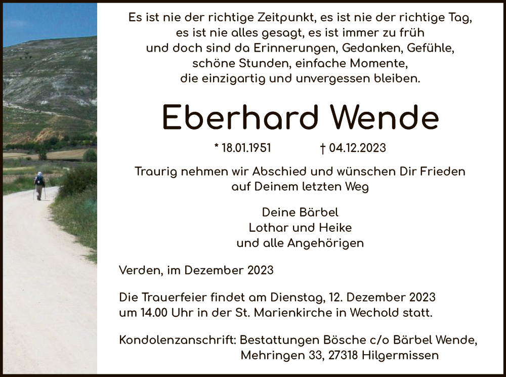  Traueranzeige für Eberhard Wende vom 09.12.2023 aus SYKSYK