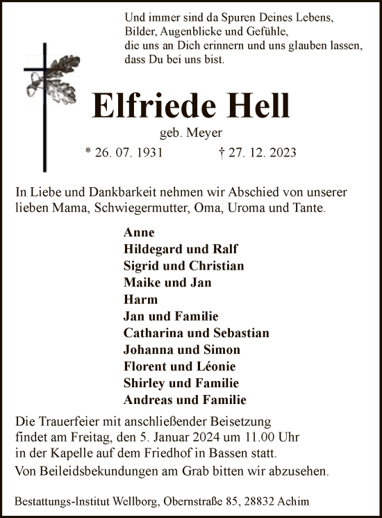 Traueranzeige von Elfriede Hell von SYK