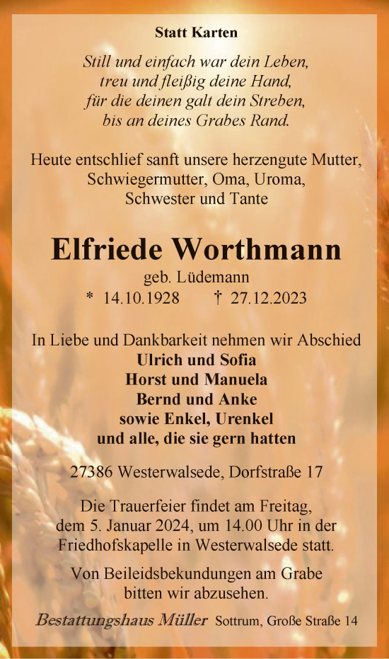 Traueranzeige von Elfriede Worthmann von SYK