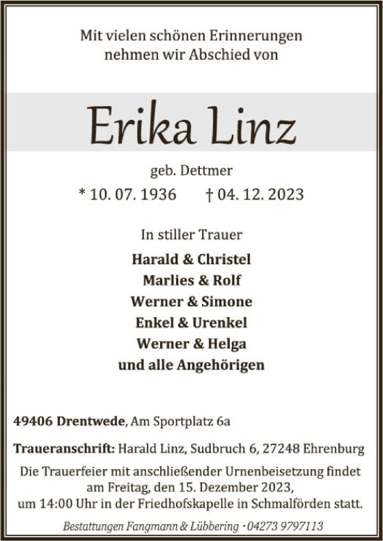 Traueranzeige von Erika Linz von SYK