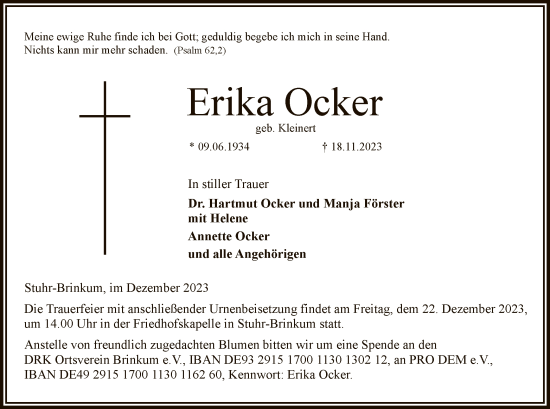 Traueranzeige von Erika Ocker von SYK