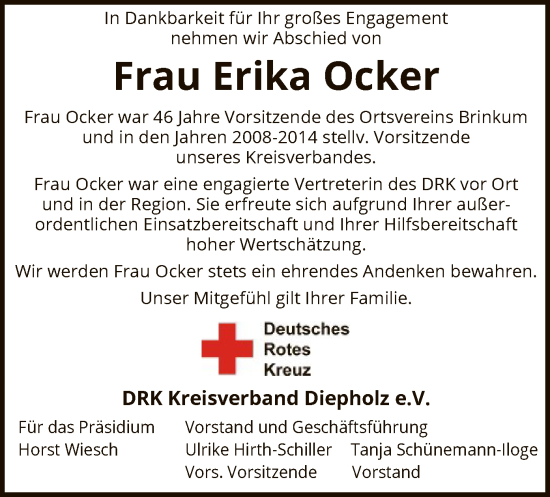 Traueranzeige von Erika Ocker von SYK