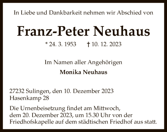 Traueranzeige von Franz-Peter Neuhaus von SYK