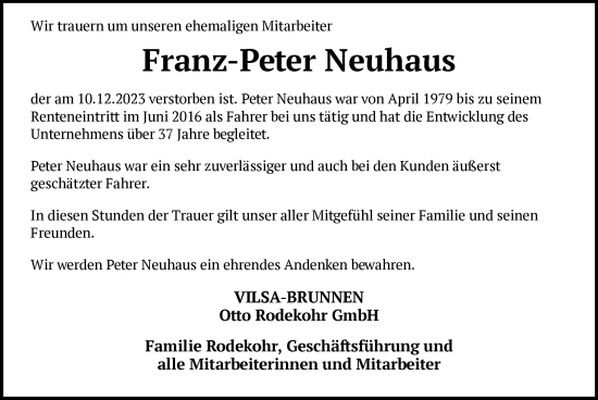 Traueranzeige von Franz-Peter Neuhaus von SYKSYK