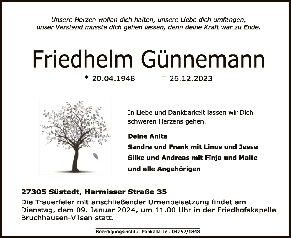  Traueranzeige für Friedhelm Günnemann vom 30.12.2023 aus SYKSYK