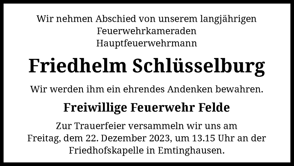  Traueranzeige für Friedhelm Schlüsselburg vom 19.12.2023 aus SYK