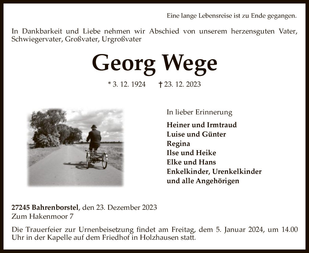  Traueranzeige für Georg Wege vom 29.12.2023 aus SYK