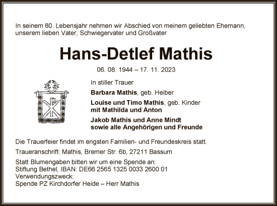 Traueranzeige von Hans-Detlef Mathis von SYK