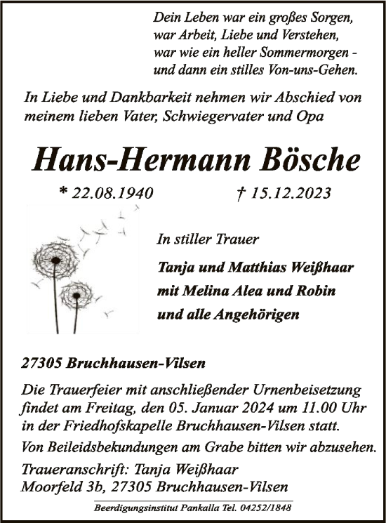 Traueranzeige von Hans-Hermann Bösche von SYK