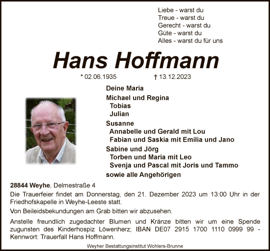 Traueranzeige von Hans Hoffmann von SYK