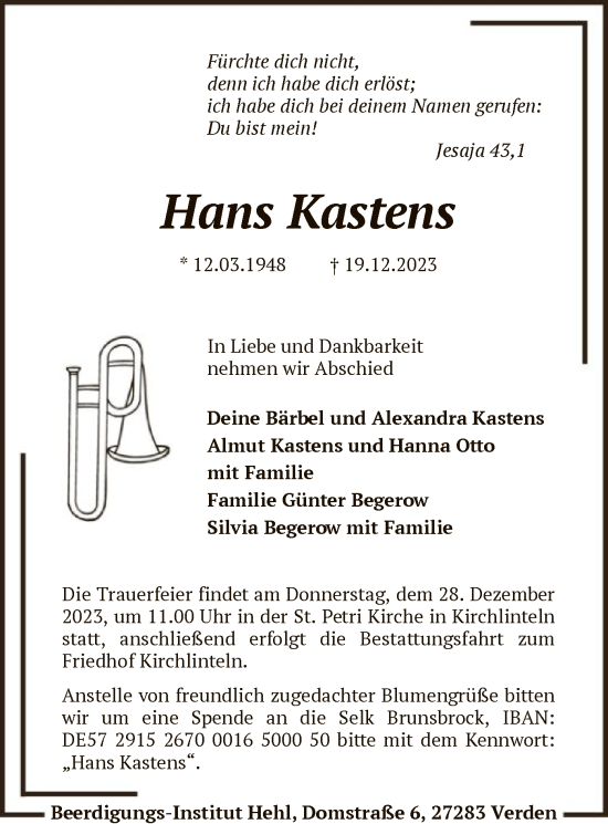 Traueranzeige von Hans Kastens von SYK