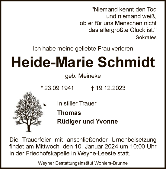 Traueranzeige von Heide-Marie Schmidt von SYK