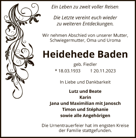 Traueranzeige von Heidehede Baden von SYK