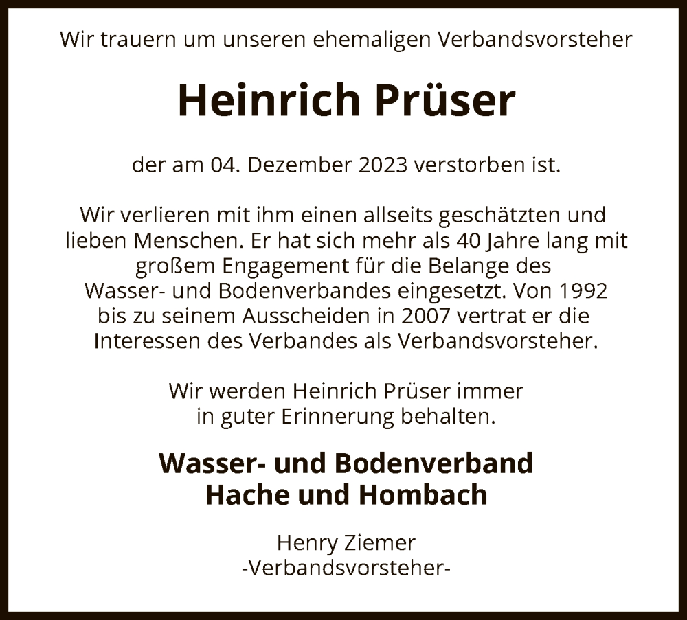  Traueranzeige für Heinrich Prüser vom 09.12.2023 aus SYK
